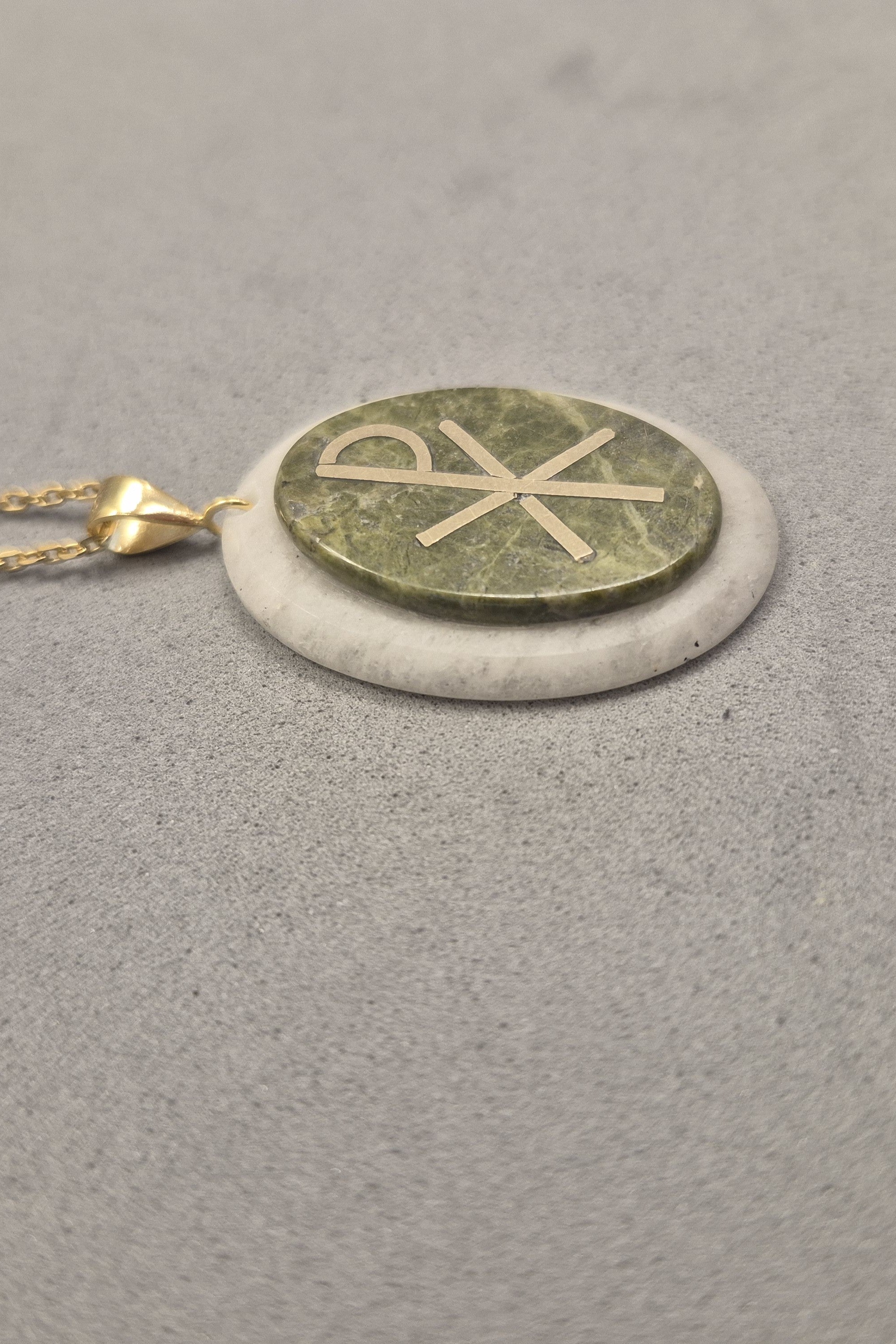 Chi Rho stone and gold necklace