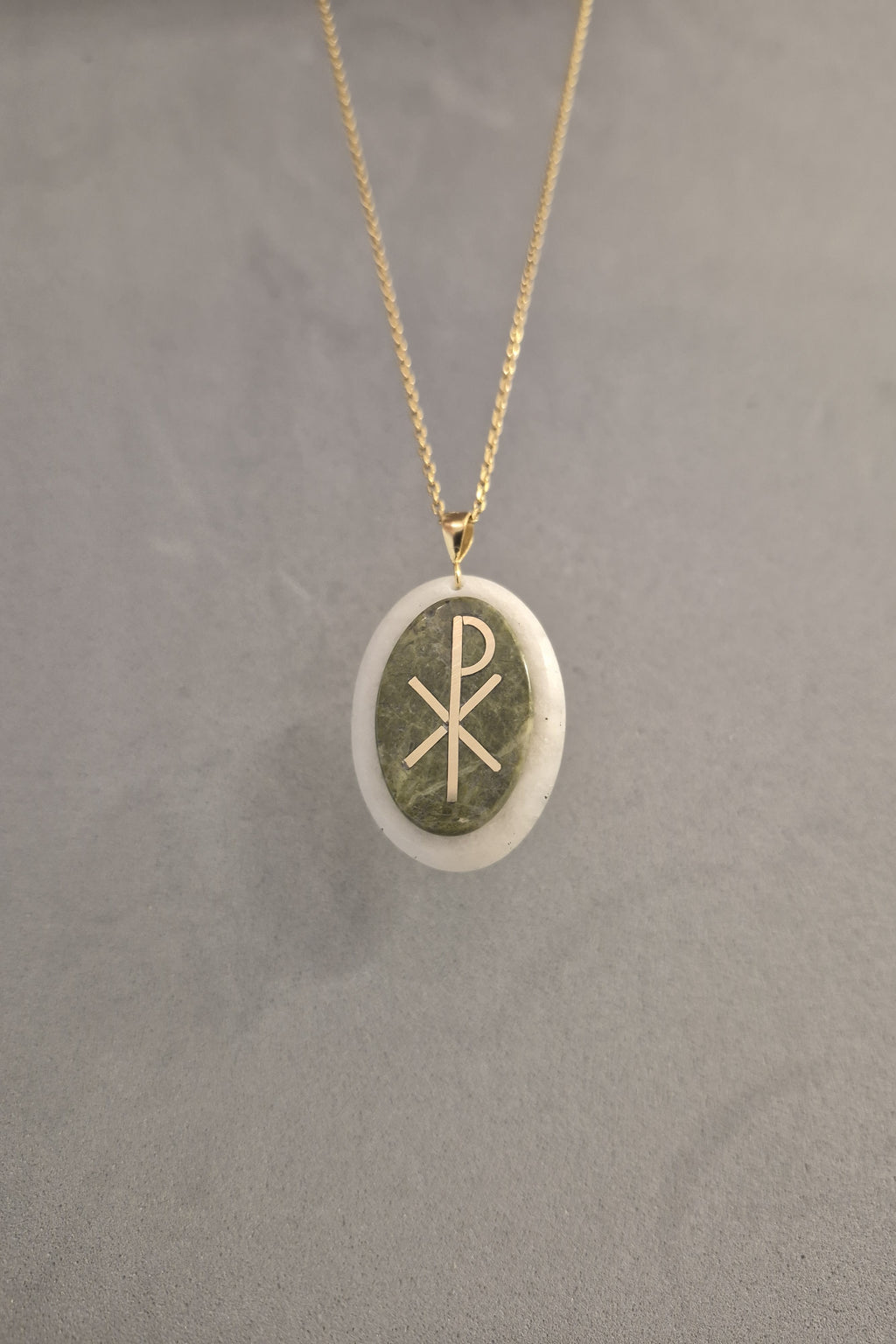 Chi Rho stone and gold necklace
