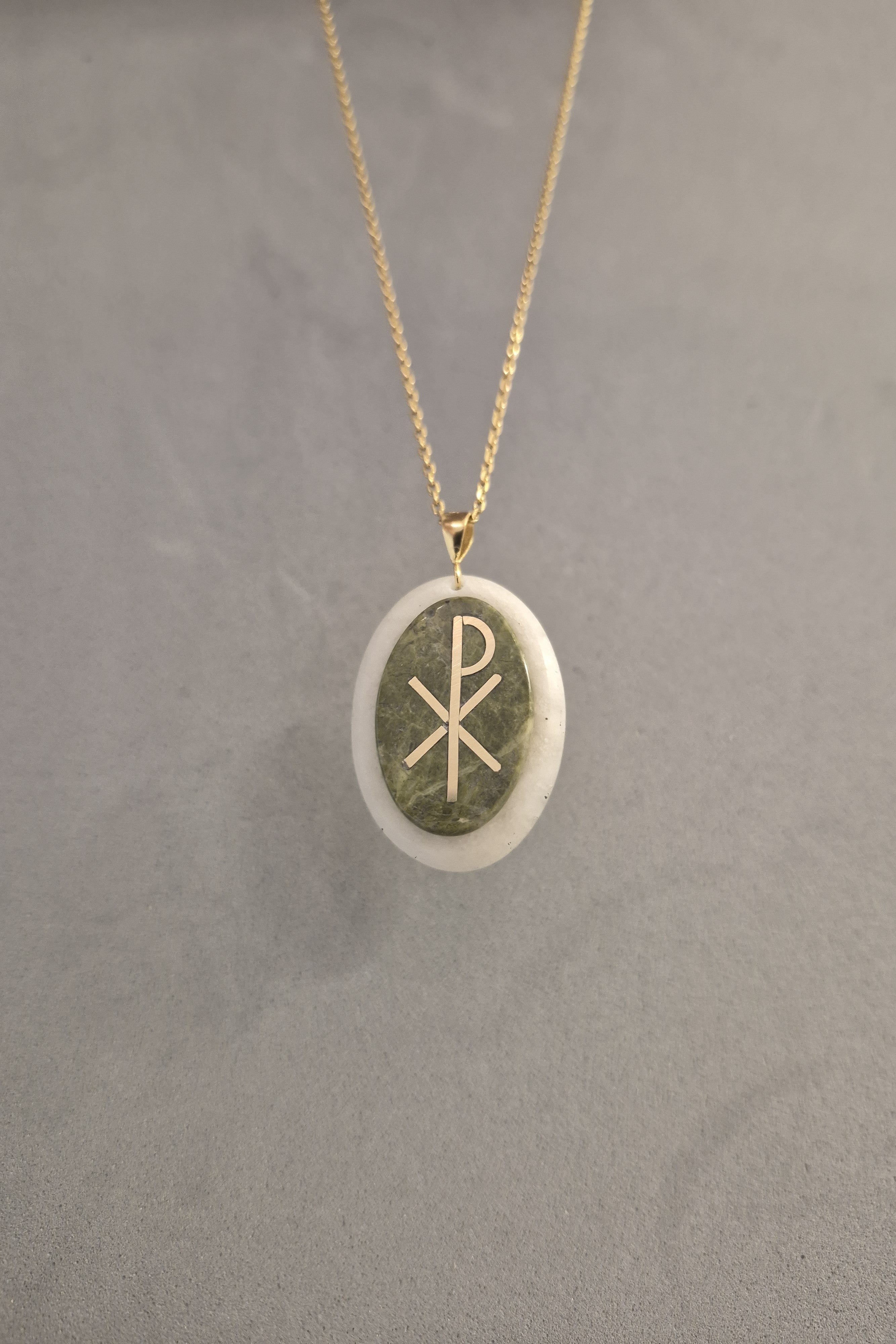 Chi Rho stone and gold necklace