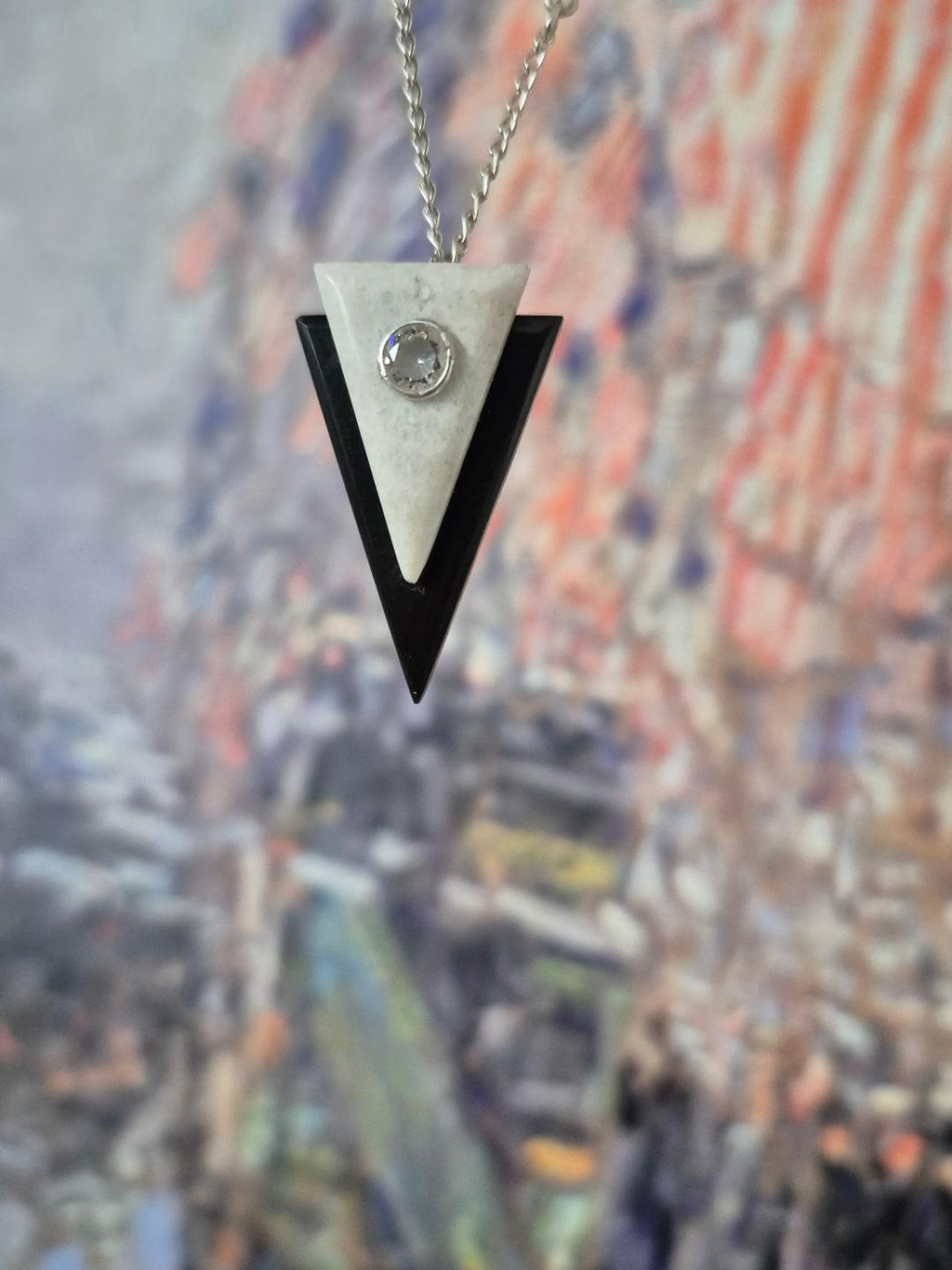 Art Deco Geometric Necklace - Sterling Silver & Crystal Design