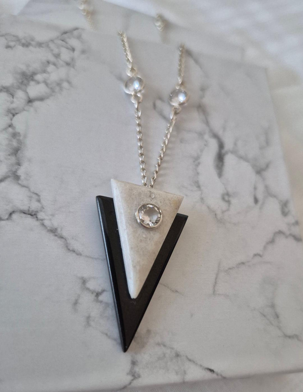 Art Deco Geometric Necklace - Sterling Silver & Crystal Design