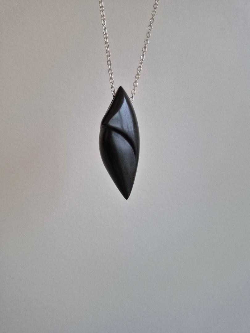 Handmade Black Stone Cabochon Pendant Necklace | 18" Sterling Silver Chain