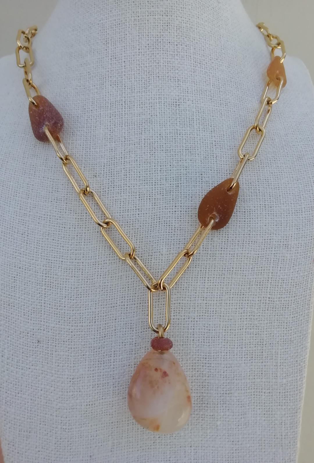 Quartz stone with sea glass necklace
