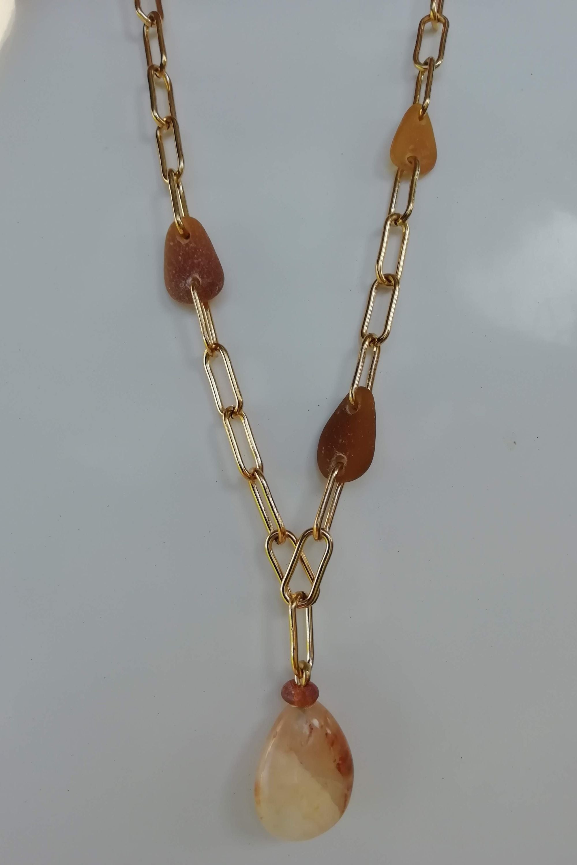 Quartz stone with sea glass necklace