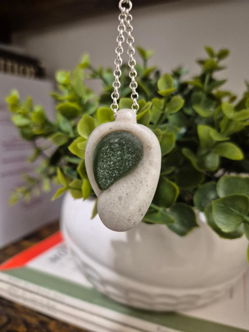 Boho Chic stone sculpted necklace with teal sea glass