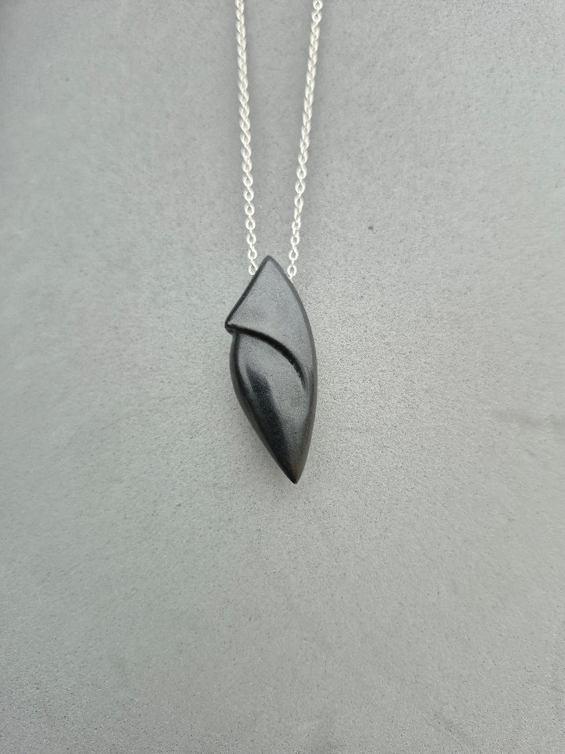Handmade Black Stone Cabochon Pendant Necklace | 18" Sterling Silver Chain