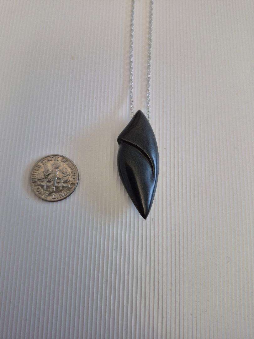 Handmade Black Stone Cabochon Pendant Necklace | 18" Sterling Silver Chain