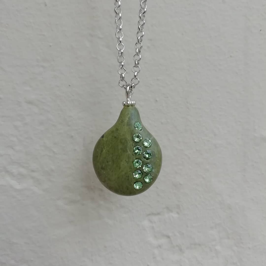 Unique Green Stone Necklace with Periwinkle Crystals
