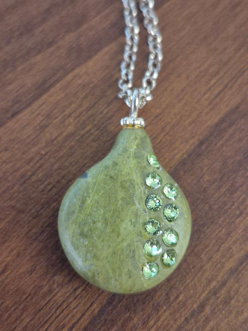 Unique Green Stone Necklace with Periwinkle Crystals