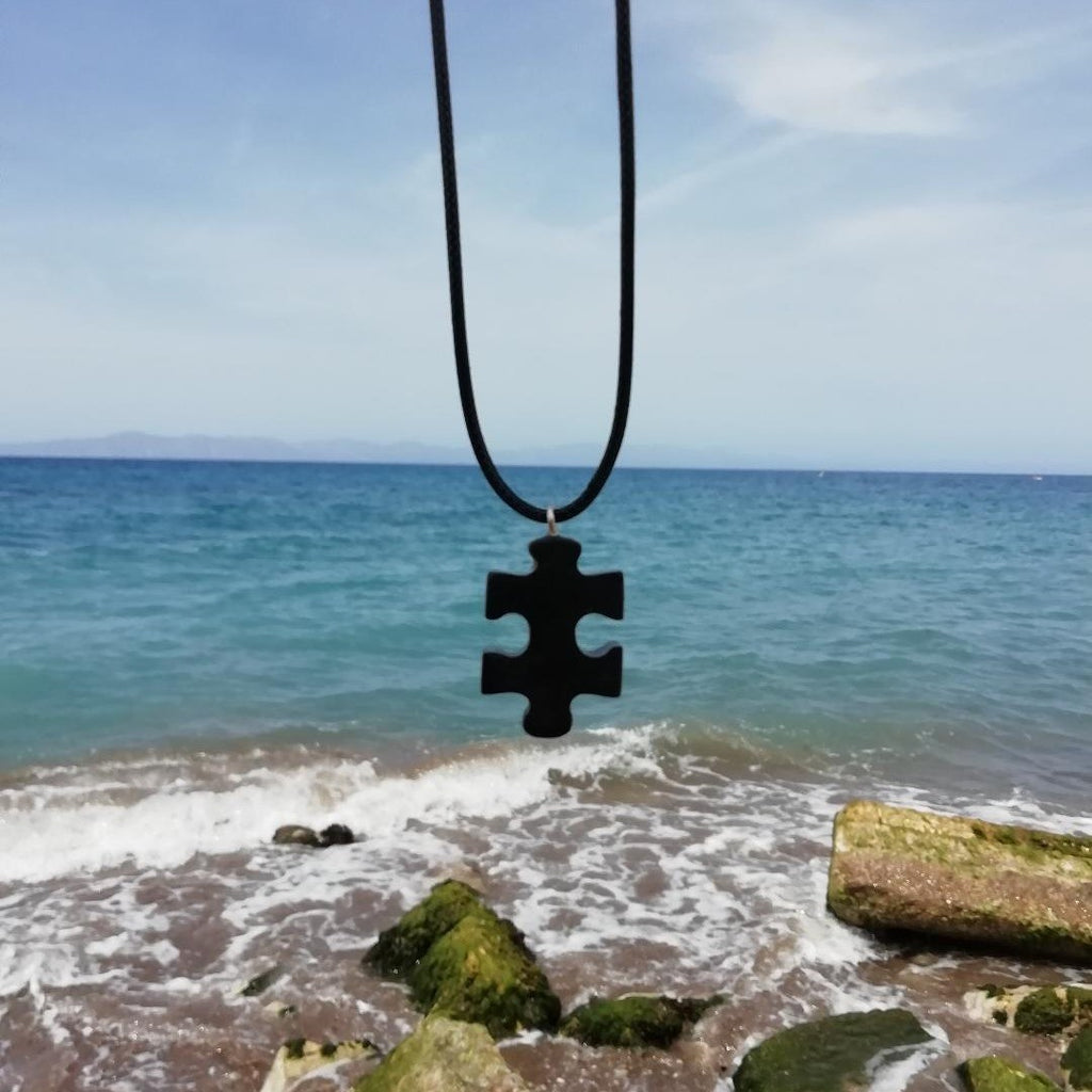 Unique Black Stone Puzzle Pendant Necklace Handcrafted Artistry