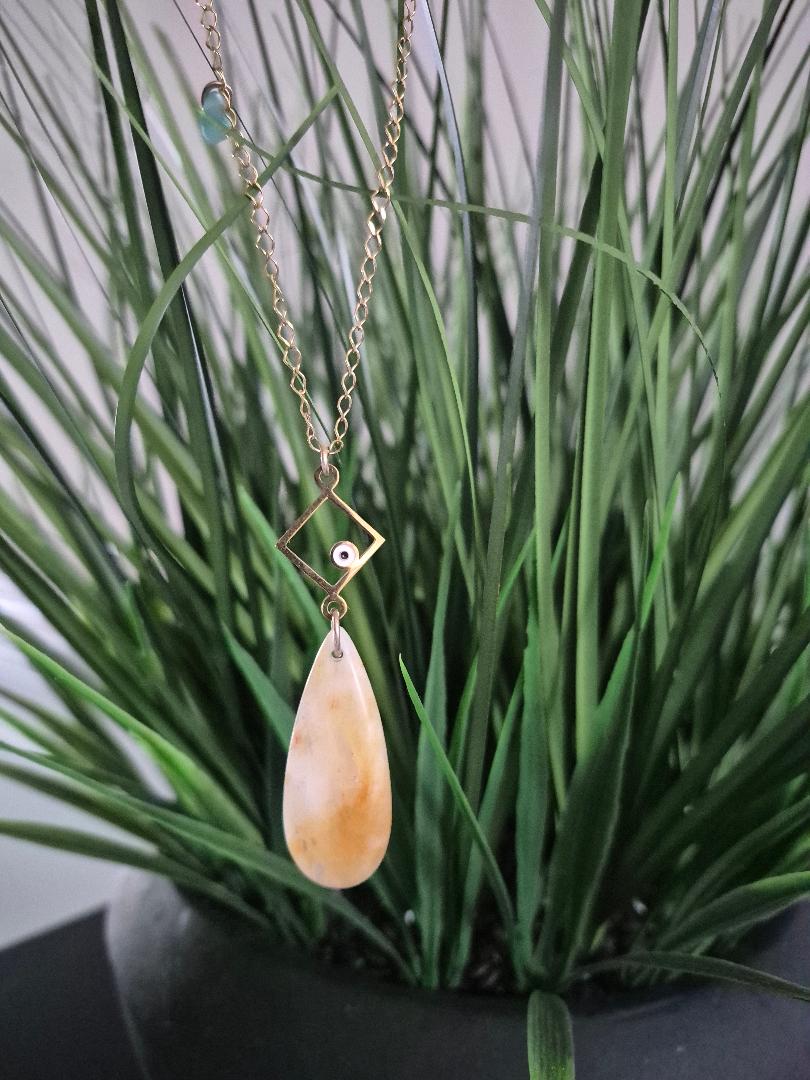 Boho Quartz Artisan Necklace with Sea Glass Charm & Evil Eye