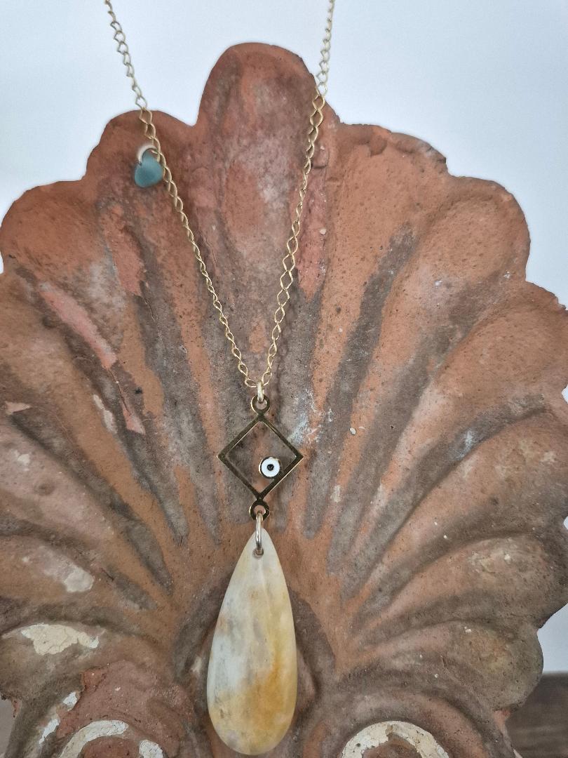 Boho Quartz Artisan Necklace with Sea Glass Charm & Evil Eye