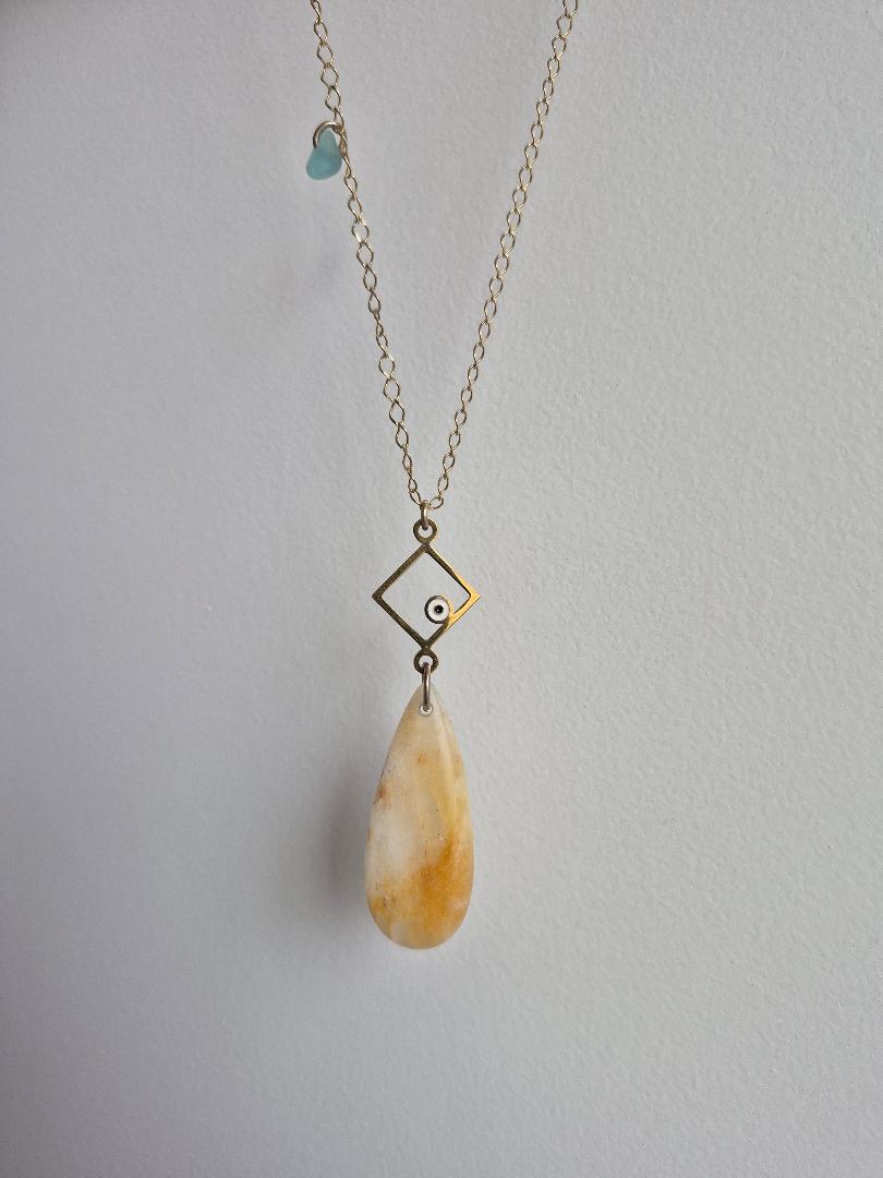 Boho Quartz Artisan Necklace with Sea Glass Charm & Evil Eye